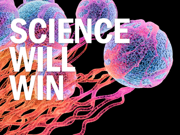 Colorful 3D cells with trailing strands on black background, bold white text overlaid