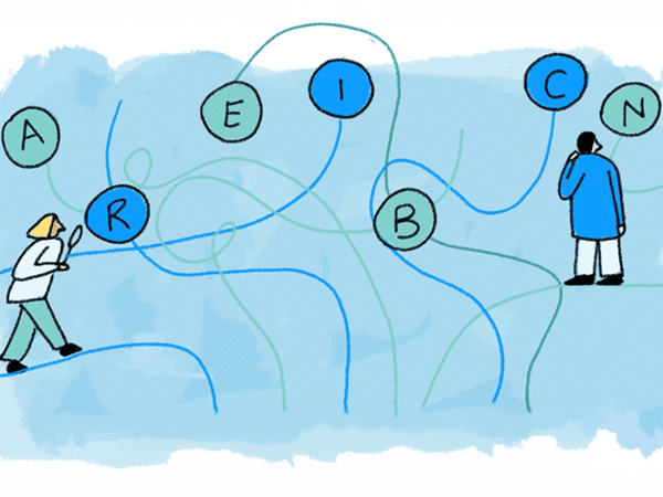 Cartoon of two scientists tracing tangled lines connecting scattered lettered circles