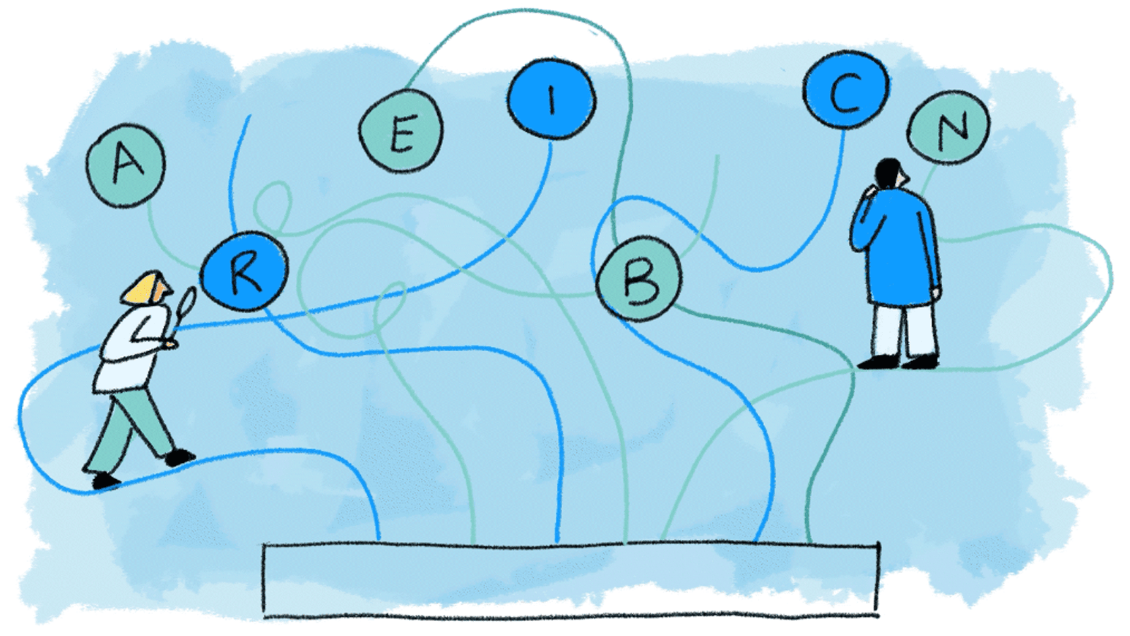 Still of animation, scientists searching for letters