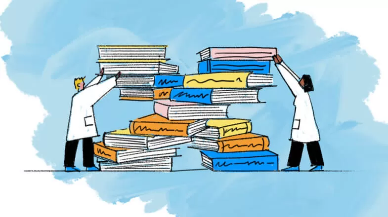 Pfizer scientists stacking books cartoon art thumbnail