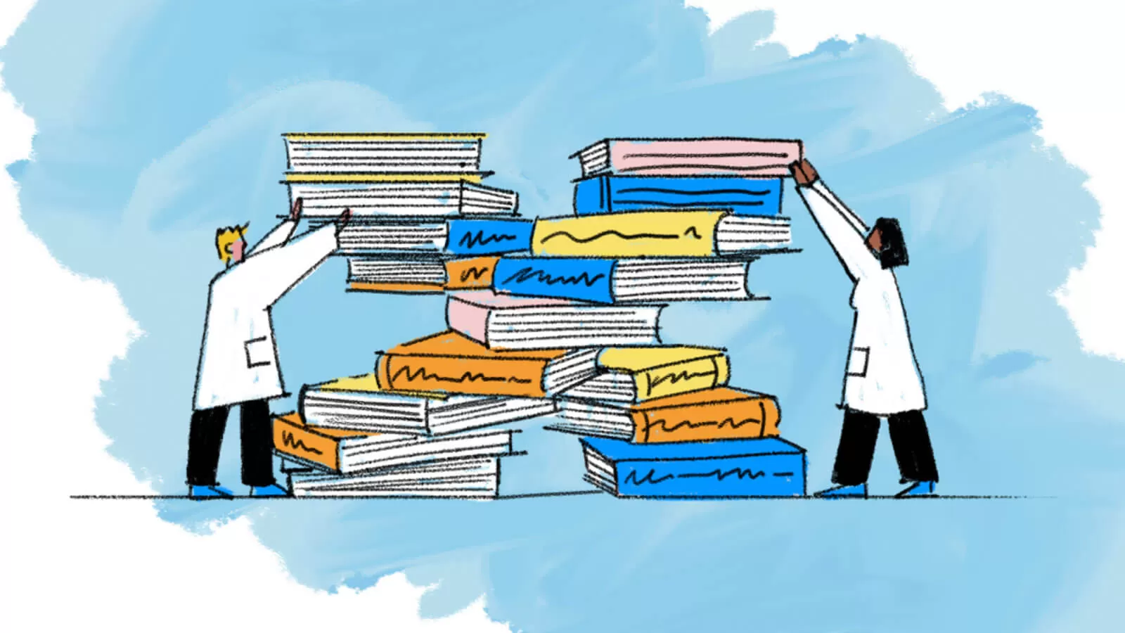Pfizer scientists stacking books cartoon art