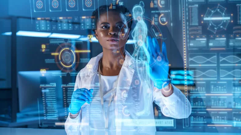 A young African - American doctor works on HUD or graphic display in front of her, we see her from the waist up in a modern laboratory thumbnail
