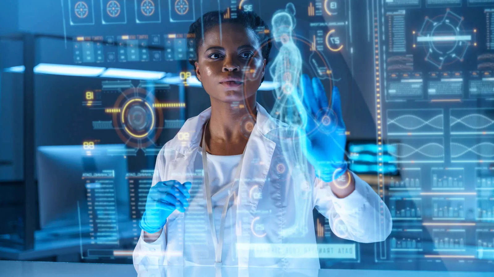 A young African - American doctor works on HUD or graphic display in front of her, we see her from the waist up in a modern laboratory