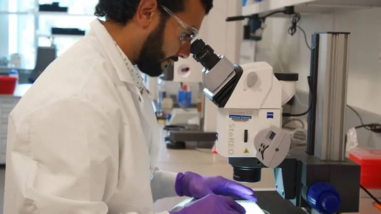 Photograph of a lab worker using a microscope while wearing gloves and a white coat thumbnail