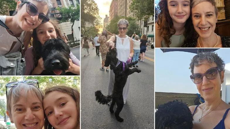 Collage of a smiling woman with her dog and young girl in outdoor and indoor scenes