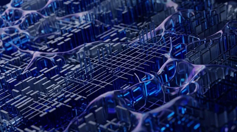 Abstract blue circuitry with glowing lines and fluid, wave-like structures thumbnail
