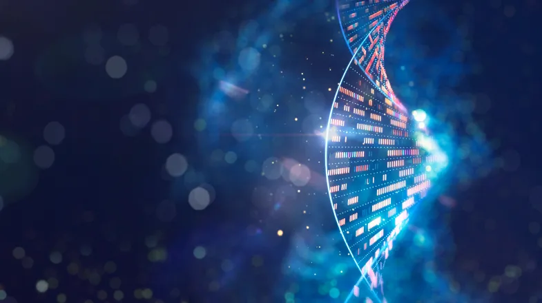 Glowing digital DNA helix against a dark blue, starry background