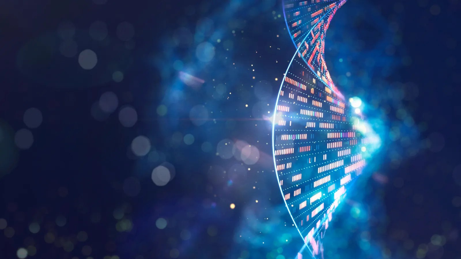 Glowing digital DNA helix against a dark blue, starry background