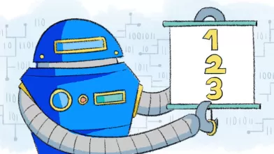 Robot holding up opened up scroll with 123 written