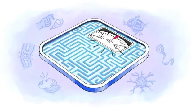 Illustration of a bathroom scale with a blue maze pattern and faint doodles around it