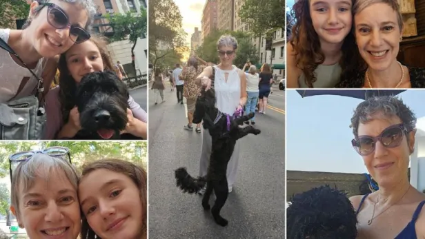 Collage of a smiling woman with her dog and young girl in outdoor and indoor scenes
