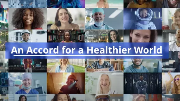 Photo collage of diverse smiling people with a central banner promoting global health