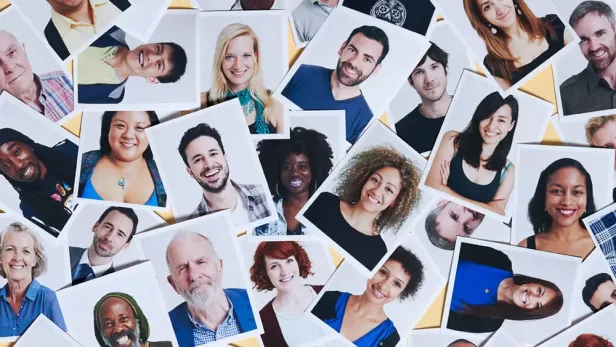 Collage of diverse people’s headshot photos arranged in a scattered pattern