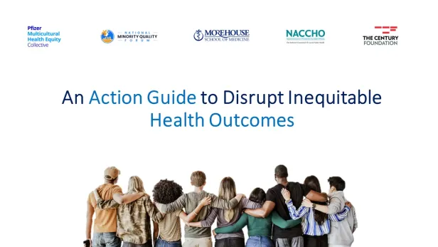 Diverse group standing arm in arm below text about disrupting health inequities