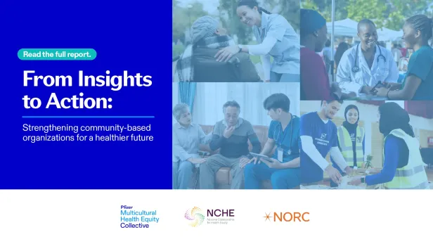 Report cover with community workers and logos for NBCF, NCHE, and NORC for The Collective